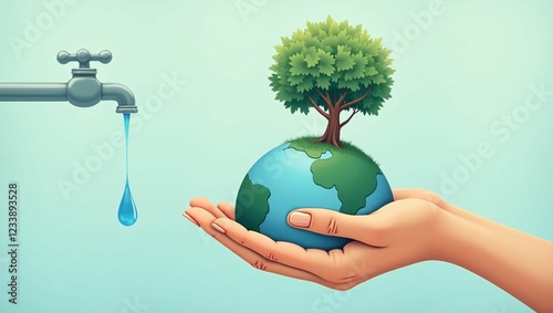 Sustainable Hand Holding Earth with Trees and Water Conservation Concept Art
