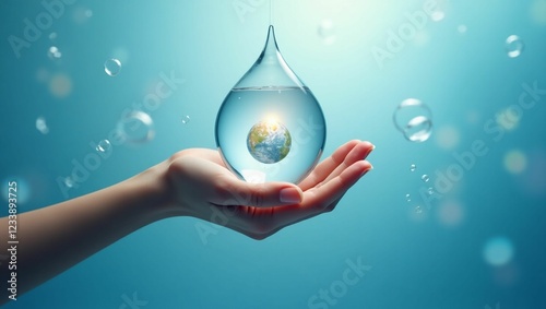 Hand Holding Water Droplet Encasing the Earth with Floating Bubbles