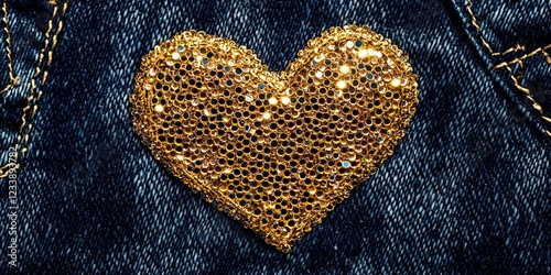Sequined Heart Patch on Denim Fashion Design Detail Clothing Texture Sparkling Heart Close up Embroidered