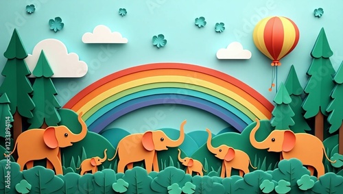 Colorful Paper Animals in Scenic Landscape with Rainbow and Balloons