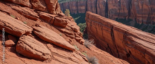 Rich cinnamon brown hornfels stone in rugged cliffside with close up background photo