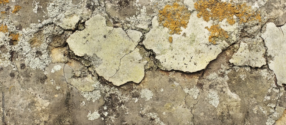 Obraz premium Textured wall surface with peeling paint and lichen in natural colors Copy Space