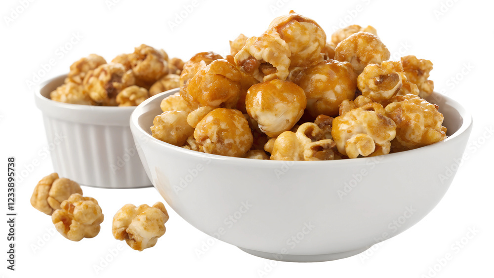 Caramel coated popcorn in bowl isolated on transparent background Caramel coated popcorn in bowl isolated on transparent background