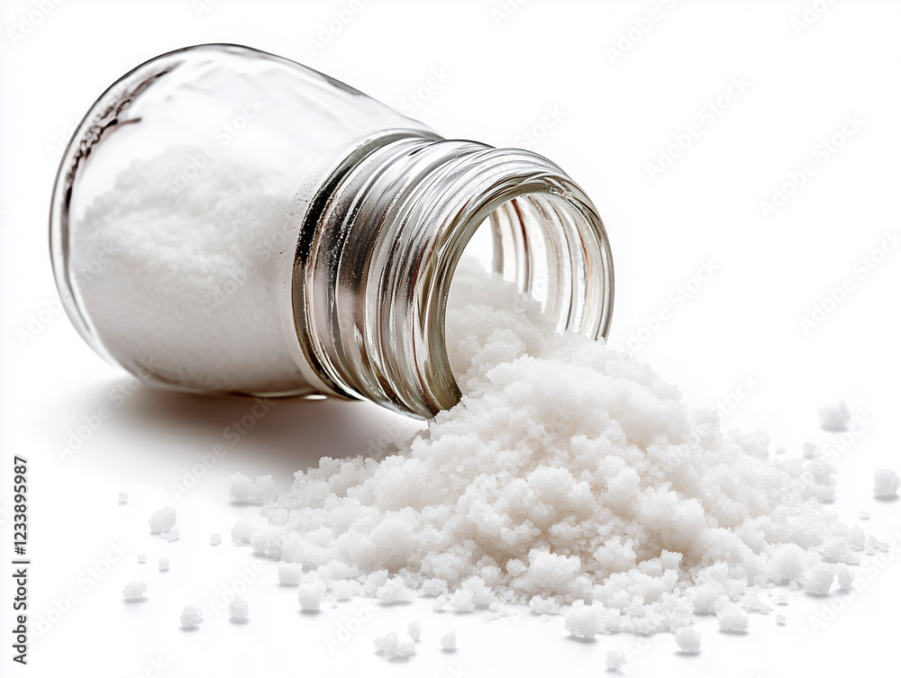 Detailed close-up image of a salt shaker spilling salt on a pure white background, perfect for advertising.