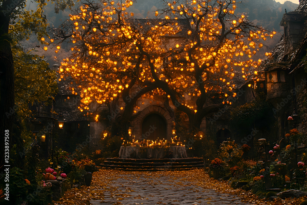 A Thanksgiving dinner where the table is set in a grand castle, where the table is illuminated by chandeliers made of glowing amber, casting a warm, golden light on the feast below A Thanksgiving dinner where the table is set in a grand castle, where the table is illuminated by chandeliers made of glowing amber, casting a warm, golden light on the feast below