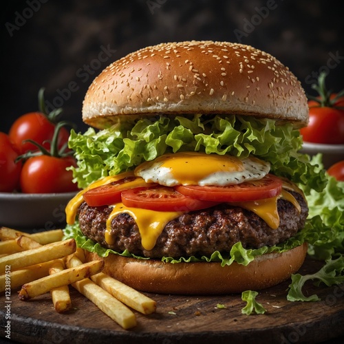 Juicy 200g Double Hamburger with Crispy Fries in a Casual Dining Setting Smash burger with lettuce, cheddar cheese and sauce. A Towering Gourmet Burger