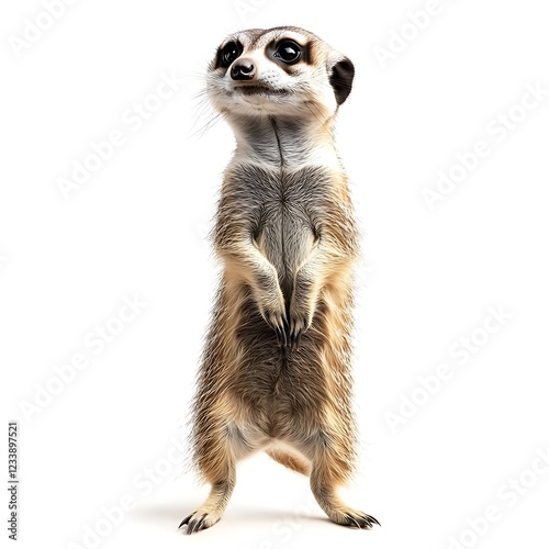 Alert Meerkat: A curious meerkat stands upright, its dark eyes wide and alert, paws neatly placed together.  The meerkat's posture conveys a sense of attentiveness and readiness.