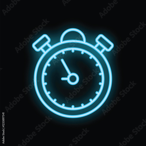 Blue neon stopwatch icon glowing on dark background represents concept of time management