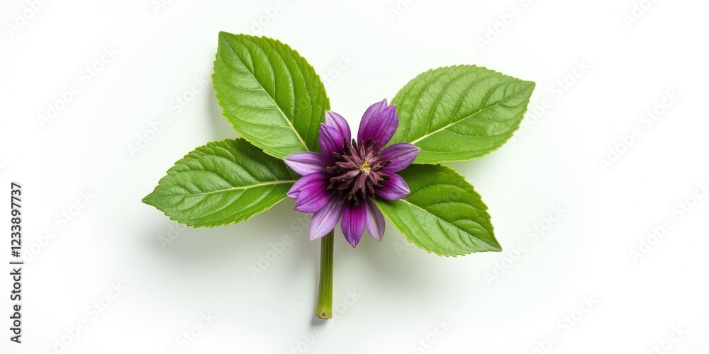 Centered on a lush canvas, a vibrant purple bloom unfurls elegantly beside a verdant leaf, capturing nature's delicate balance in a top-down view