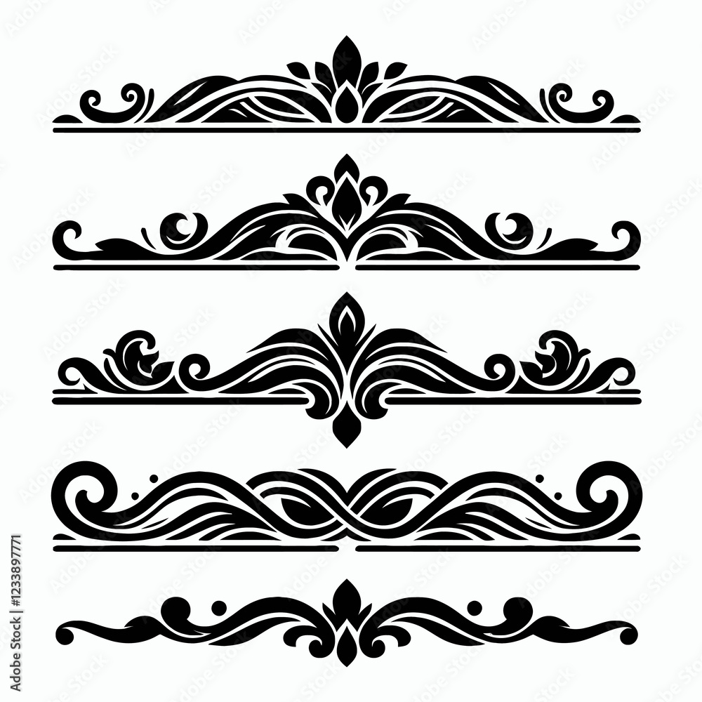 Fototapeta premium Ornate black decorative elements on white background.