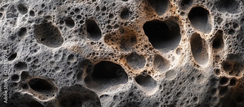 Close-up of textured surface with various sized holes and bubbles resembling porous material or abstract geological formations. Copy Space photo