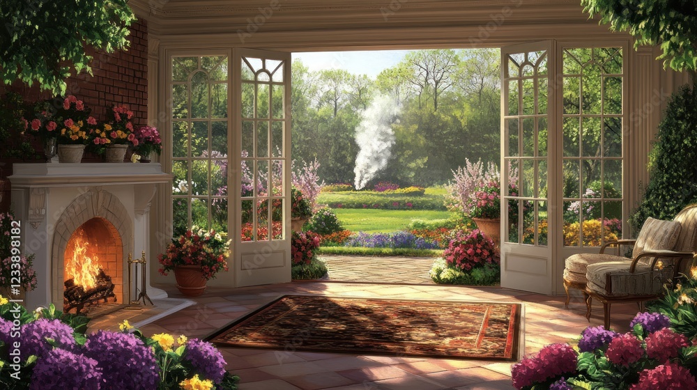 Obraz premium Serene Spring Garden View from Sunroom