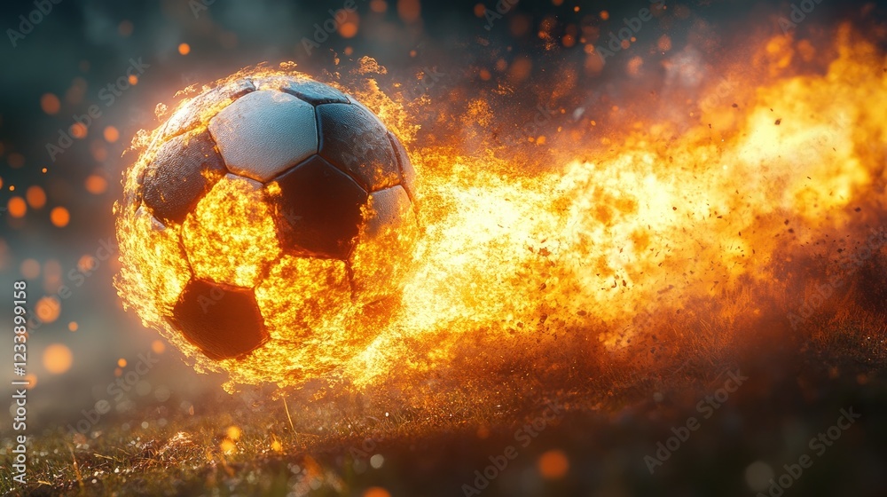 Fototapeta premium Fiery Soccer Ball Blazes Across Field