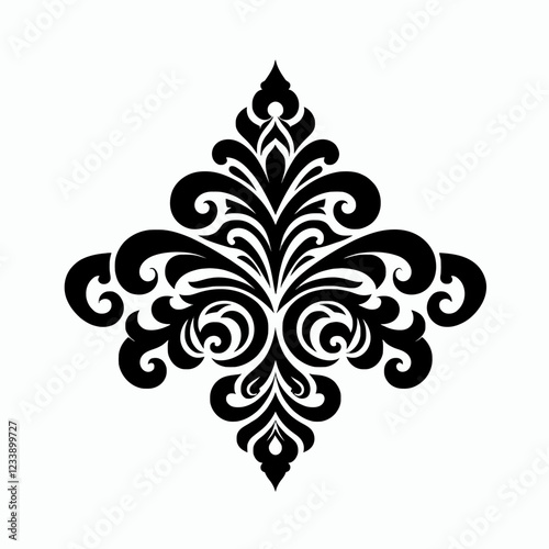 Black and white ornate decorative element with swirling patterns.