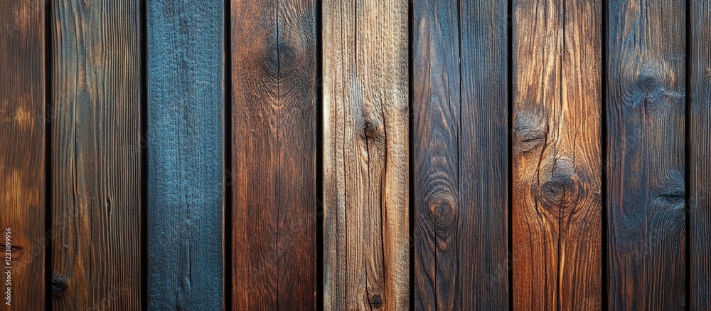 Rustic wooden plank wall texture with varied shades of brown and subtle blue tones Rustic wooden plank wall texture with varied shades of brown and subtle blue tones