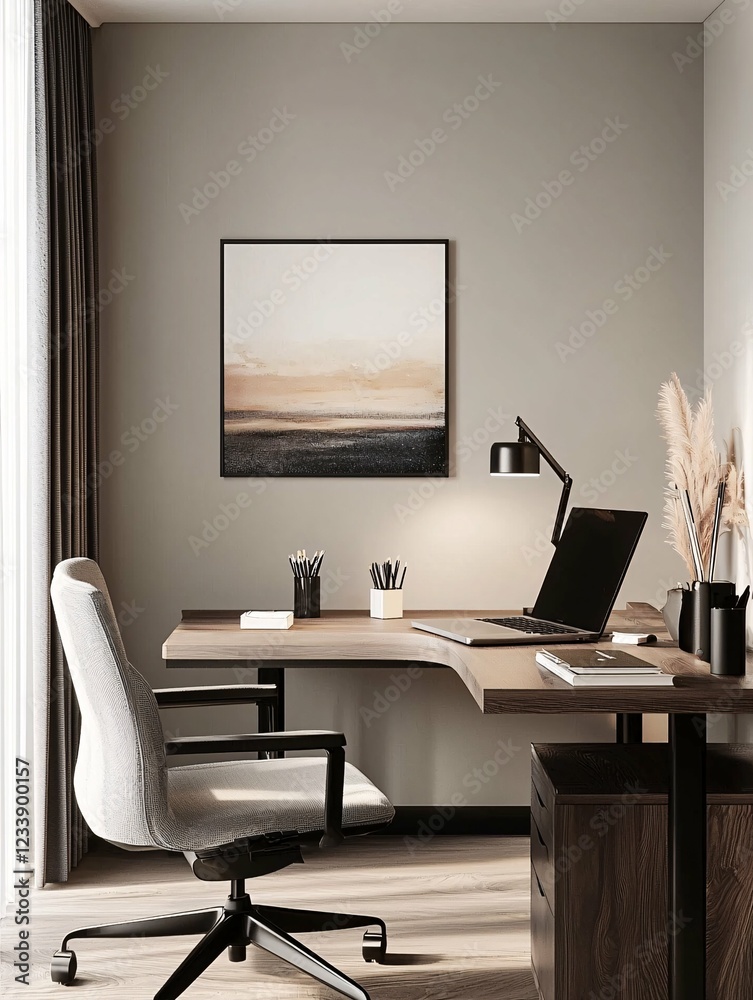 Stylish home office setups feature a modern desk, laptop, organized supplies, and an elegant chair in a bright setting, ideal for professional motivation. Stylish home office setups feature a modern desk, laptop, organized supplies, and an elegant chair in a bright setting, ideal for professional motivation.