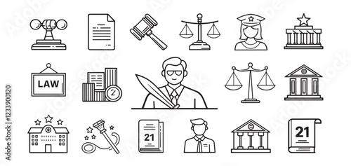 Court & Justice Editable Icon Set – Modern Thin Line Vector Illustration