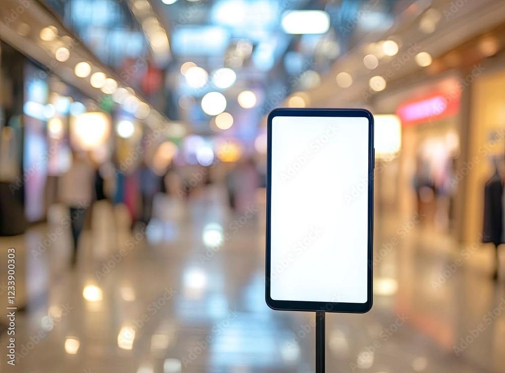 A blank, white digital signage vertical screen in the middle of a blurry, out-of-focus shopping mall background, a mockup template and stock photo contest winner. A blank, white digital signage vertical screen in the middle of a blurry, out-of-focus shopping mall background, a mockup template and stock photo contest winner.
