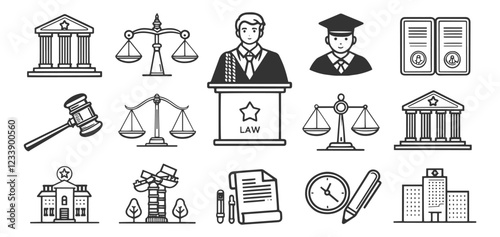 Court & Justice Editable Icon Set – Modern Thin Line Vector Illustration