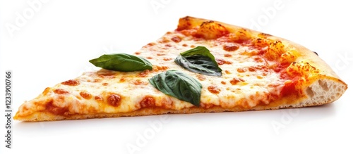 Slice of classic cheese pizza with fresh basil leaves on white background Copy Space photo