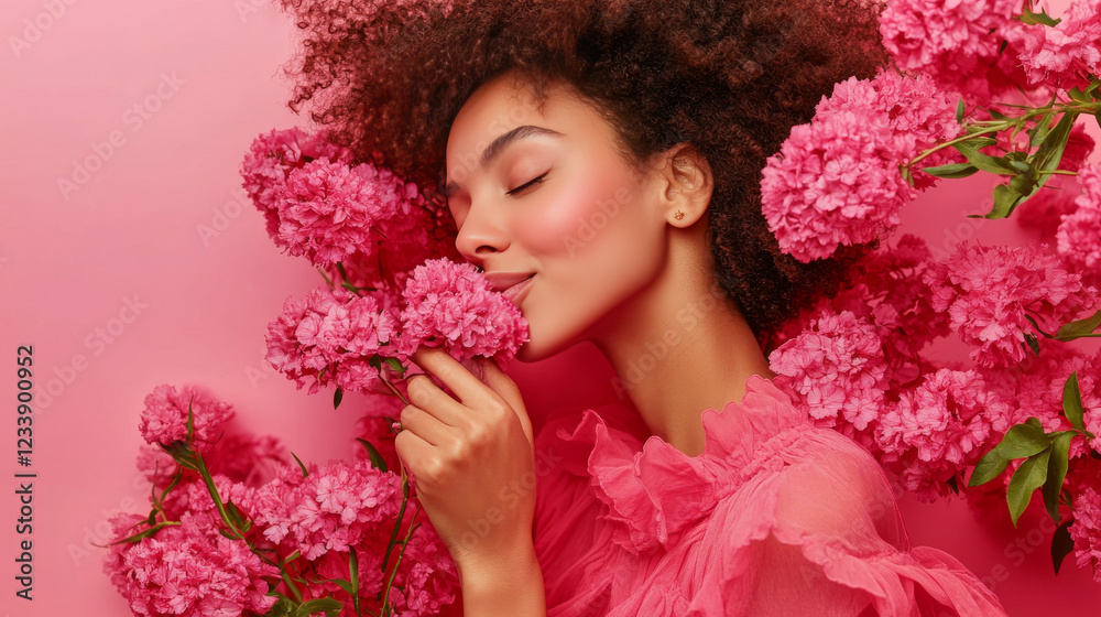 Fototapeta premium International Women's Day. Extremely happy woman in a bright pink dress is smelling a bunch of spring flowers, which she is holding in her hands.