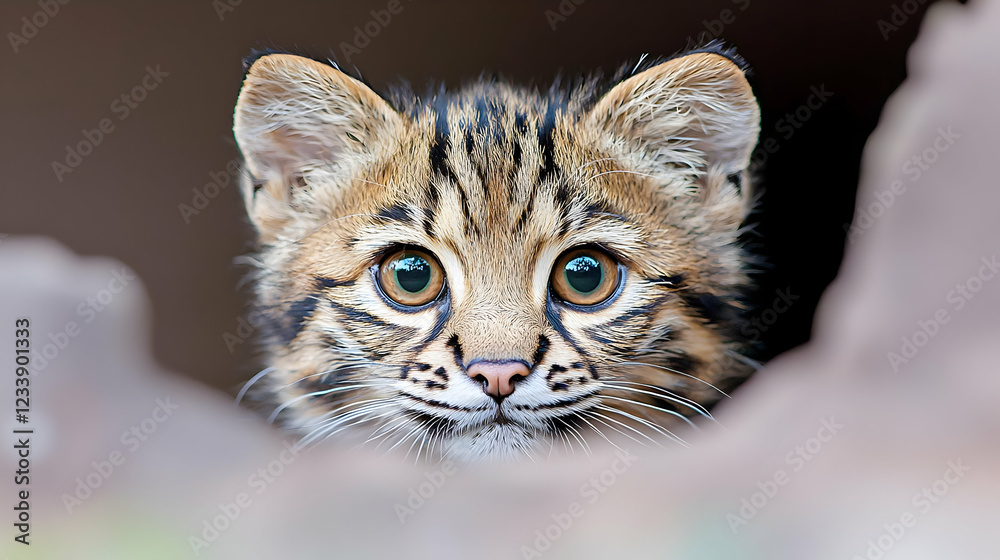 Cute kodkod kitten peeking, wildlife closeup Cute kodkod kitten peeking, wildlife closeup