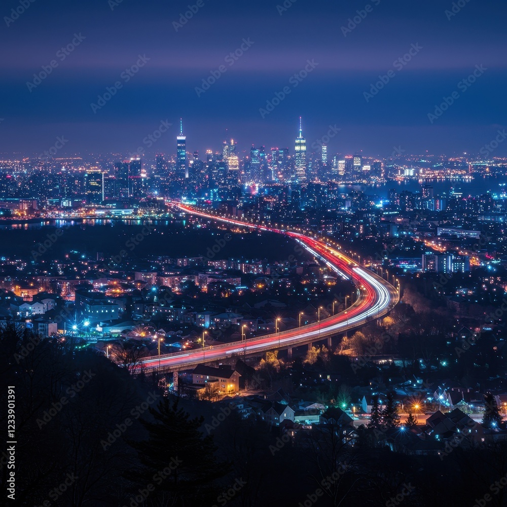 Fototapeta premium Nighttime Cityscape with Highway Lights Leading to Illuminated Downtown Skyline, Perfect for Urban Celebrations and Travel Promotions