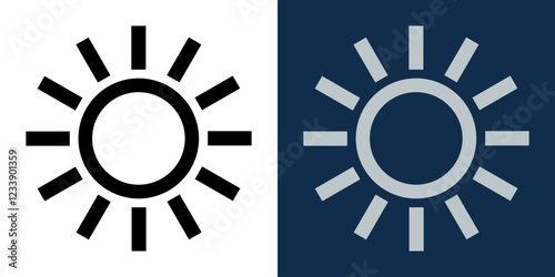 Black and white sun icon on light and dark background. Symbol of brightness and dark mode. Vector illustration for user interface, web design, and mobile applications.