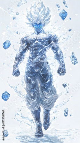 Wallpaper Mural Epic scene showcasing Goku in gleaming Whiteblue Kirin armor with reflective metallic details blue glowing eyes and surrounded by floating Kirin runes against a minimalist white background Torontodigital.ca