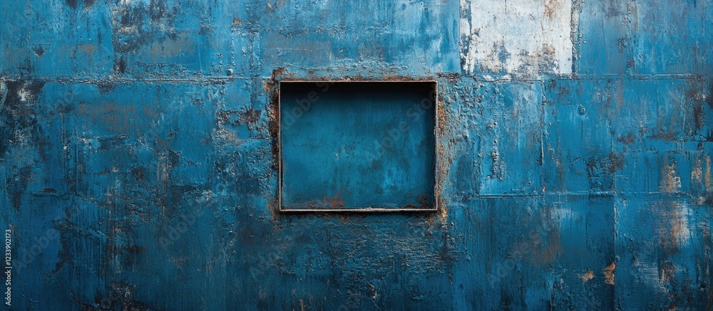 Weathered blue wall with empty framed space and texture exhibiting peeling paint and rust, ideal for background or design applications, Copy Space Weathered blue wall with empty framed space and texture exhibiting peeling paint and rust, ideal for background or design applications, Copy Space