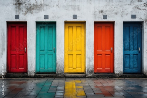 Multiple colorful doors in a straight row, each with unique textures and designs, representing decision-making.