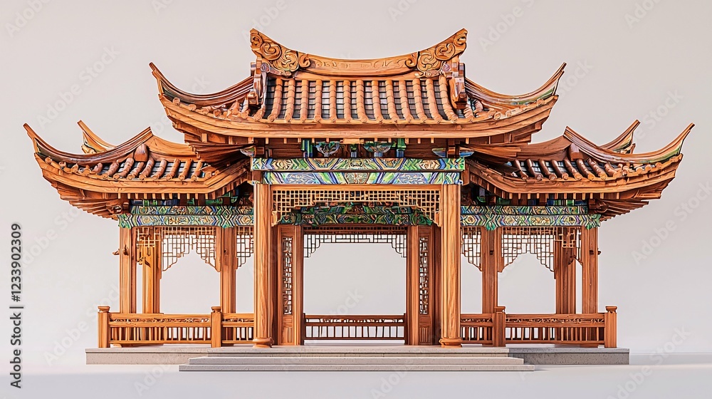 Fototapeta premium An ornate Chinese pavilion showcases intricate wood carvings and vibrant tile details, set against a neutral backdrop, exemplifying exquisite traditional craftsmanship.