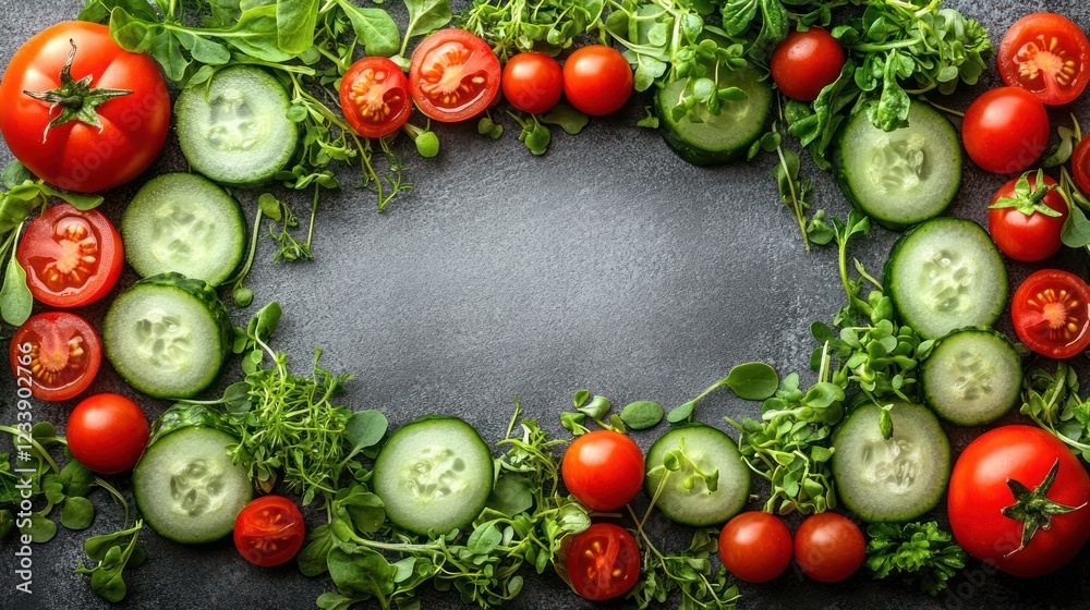 Vibrant Fresh Vegetables Frame: Cucumbers, Tomatoes, and Microgreens Vibrant Fresh Vegetables Frame: Cucumbers, Tomatoes, and Microgreens