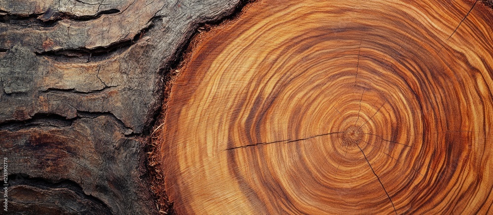 Fototapeta premium Close-up of cross-section of tree trunk displaying growth rings with detailed wood texture and bark, ideal for nature backgrounds, Copy Space