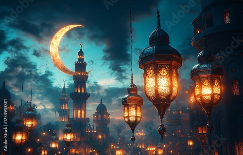 Illuminated Lanterns Hanging by a Mosque with a Crescent Moon in the Twilight Sky  