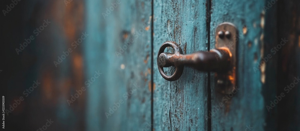 Rustic old door handle with keyhole on weathered blue wooden door featuring peeling paint and textures, Copy Space Rustic old door handle with keyhole on weathered blue wooden door featuring peeling paint and textures, Copy Space