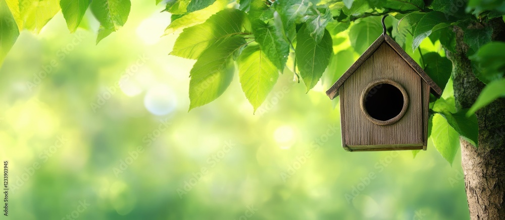 Wooden birdhouse hanging from a tree branch surrounded by lush green leaves with a blurred natural background and ample copy space Wooden birdhouse hanging from a tree branch surrounded by lush green leaves with a blurred natural background and ample copy space