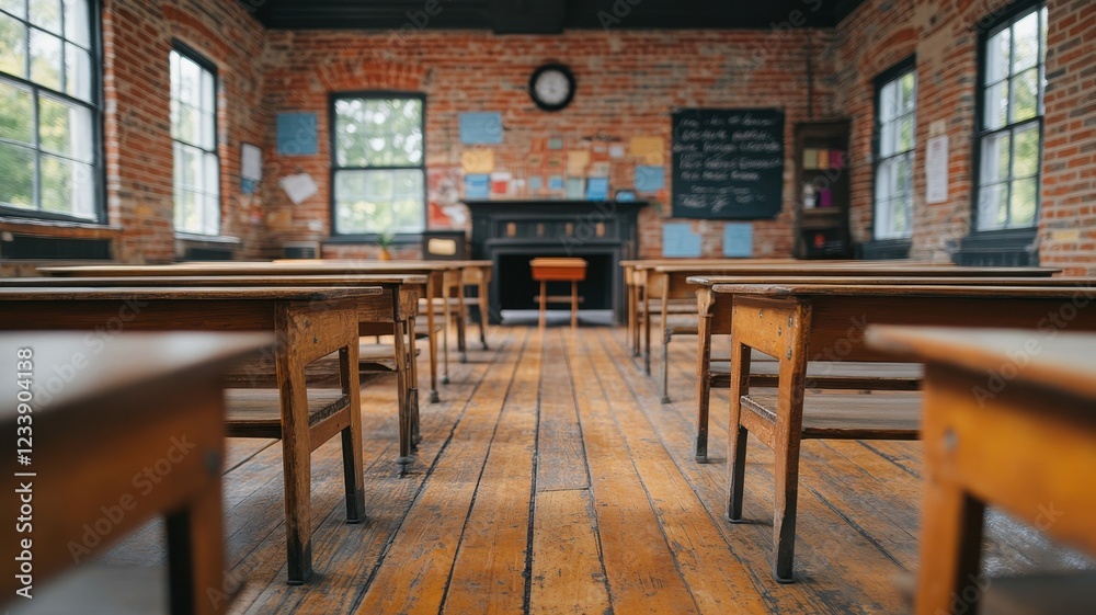 Empty college classroom with wooden desks traditional style educational environment perspective view learning atmosphere Empty college classroom with wooden desks traditional style educational environment perspective view learning atmosphere