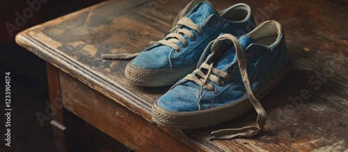 Blue worn sneakers with untied laces on a wooden table with rustic texture and natural lighting Copy Space