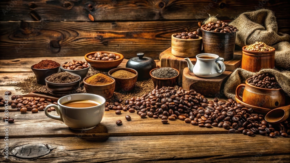 Old wooden table covered with a variety of coffee cups and containers filled with different types of coffee beans, creating a visually appealing display , wooden table, coffee cups Old wooden table covered with a variety of coffee cups and containers filled with different types of coffee beans, creating a visually appealing display , wooden table, coffee cups