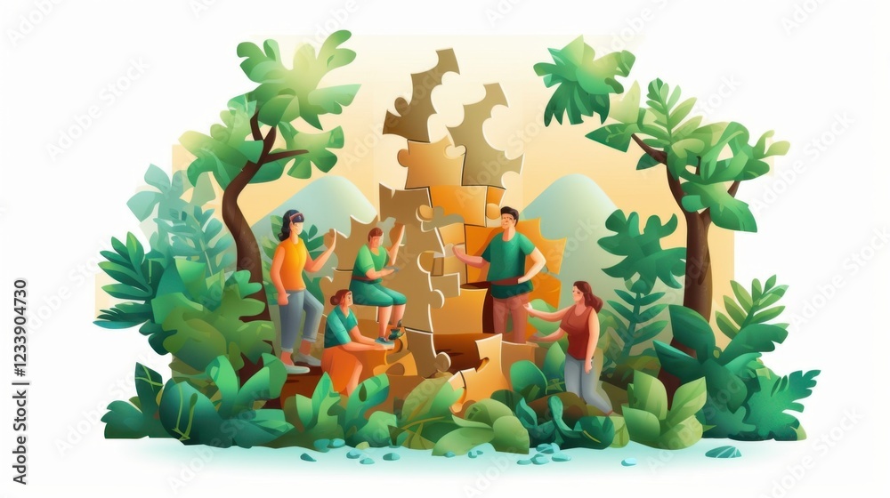 Fototapeta premium Teamwork Triumphs: Collaborative Puzzle Solving in a Lush Tropical Setting