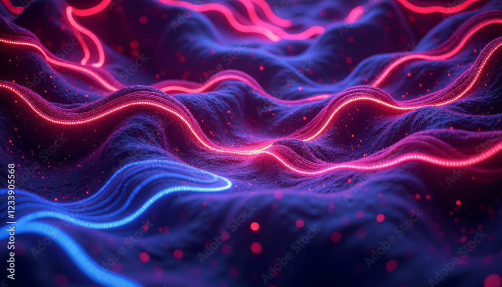 Fototapeta premium Neon wave landscape with glowing particles