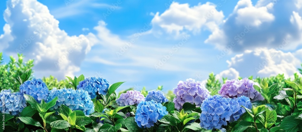 Hydrangea flowers in various shades of blue and purple with green foliage against a bright blue sky and fluffy white clouds Copy Space Hydrangea flowers in various shades of blue and purple with green foliage against a bright blue sky and fluffy white clouds Copy Space