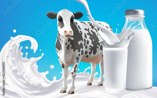 Milk or Yogurt liquid splashing of Cow dairy  percentage on solid color background. Realistic vector.Mesh gradient wes