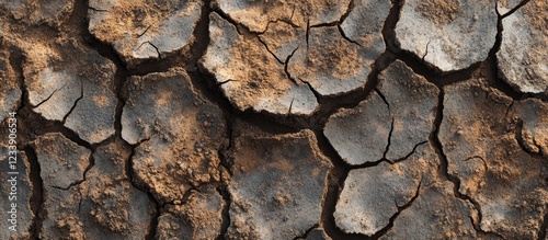 Dry cracked soil texture background with uneven surface and earthy tones, ideal for natural patterns and environmental themes. Copy Space photo