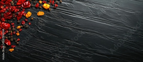 Colorful assortment of dried chili peppers and spices on black textured background with Copy Space for text placement
