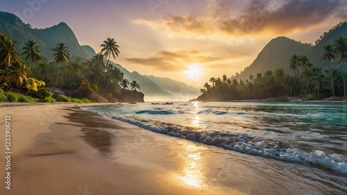 Breathtaking Sunrise Over Tropical Beach and Mountains