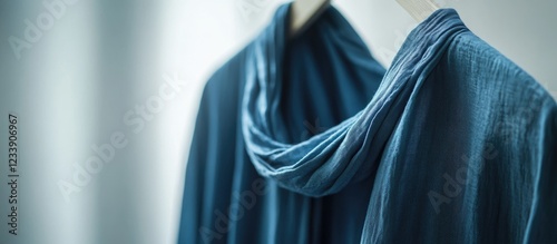 Blue fabric scarf or shawl draped on a wooden hanger with a soft blurred background. Copy Space photo