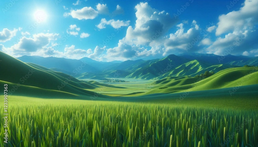 Obraz premium Lush Green Hills Under a Clear Blue Sky.