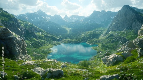 Serene Mountain Lake Nestled Amongst Majestic Peaks photo